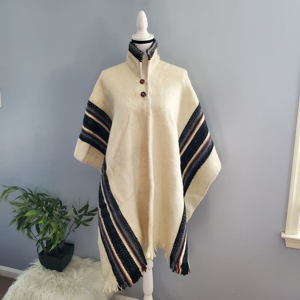 100% Alpaca Wool Cream Gray Collared Three Striped Poncho Unisex